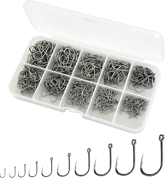 200pcs Fishing Hooks Set, High Carbon Steel Barbed Carp Hooks Size 5-14, Ultra Sharp Sea Fishing Hooks with Ringed Eye, Assorted Fishing Tackle Kit with Storage Box for Saltwater & Freshwater