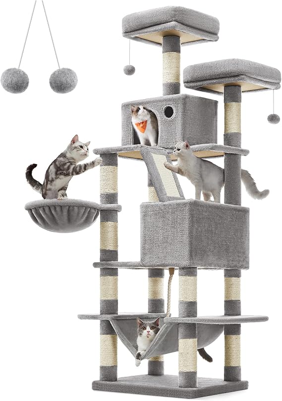 Feandrea scratching tree, large, 168 cm high, L cat tree, 13 scratching columns, 2 platforms, 2 caves, basket, hammock, plush balls, multi-storey cat scratching tree, light gray PCT165W01