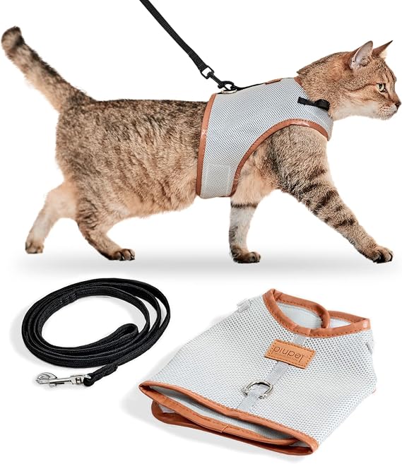 PiuPet Cat Harness and Lead Set - Escape-Proof Grey Mesh Vest - Size M