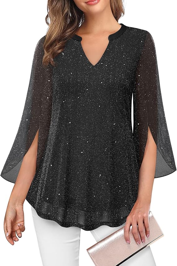 VALOLIA Women's 3/4 Sleeve Floral Tunic Tops V Neck Double Layers Loose Fit Mesh Blouses Shirt