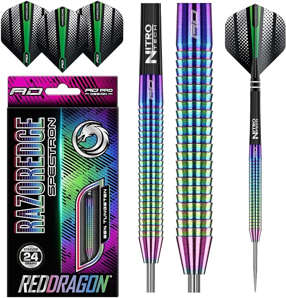 RED Dragon Razor Edge Spectron - Tungsten Professional Steel Darts Set with Flights and shafts - Available in 20g, 22g, 23g, 24g, 26g