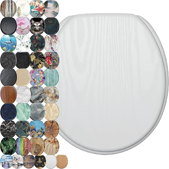 SANILO Wooden Toilet Seat with Soft Close [ROUND] - Decorative, Quiet & Slow Close Molded Wood Seat - With Strong Bumpers & Hinges - Adjustable Fit White Wood