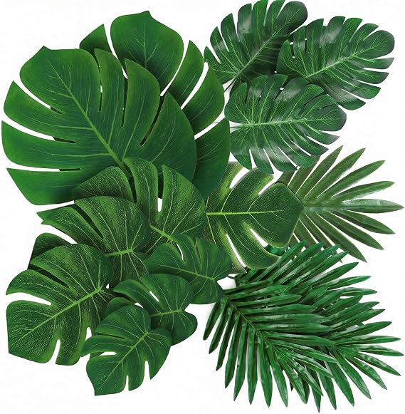 50Pcs Artificial Tropical Palm Leaves, 5 Size Fake Monstera Leaves | Banana Leaf with Stems for Jungle Safari Hawaiian Luau Party Decorations, Wedding Birthday Theme Table Wall Decor