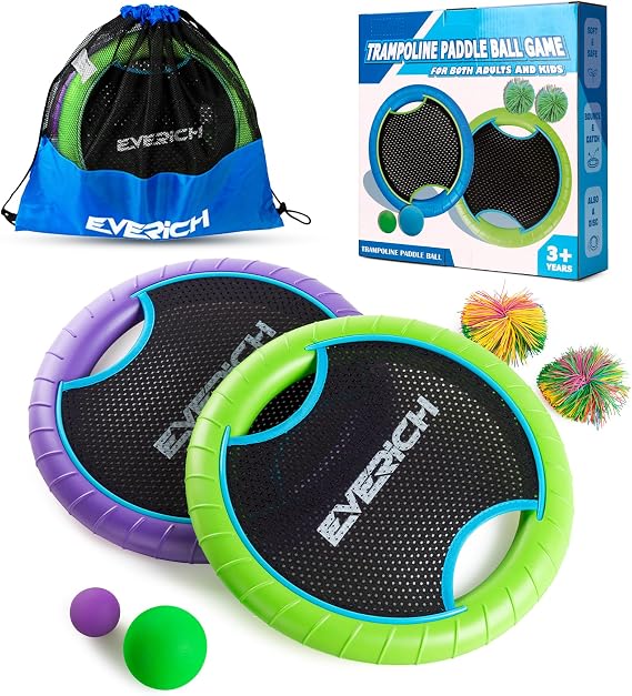 EVERICH TOY Bouncy Paddle Ball Game for Kids with EVA Foam Trampoline Paddles and Balls, Stringy Ball Toss and Catch Set for Indoor Outdoor Beach Pool Backyard Play, Flying Disc Gift for Boys & Girls
