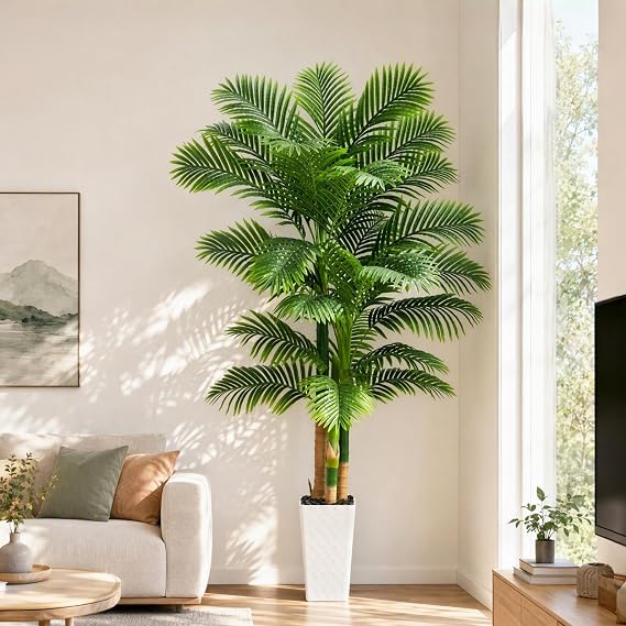 Artificial Golden Cane Palm Tree,7FT Artificial Plants with Tall White Pot