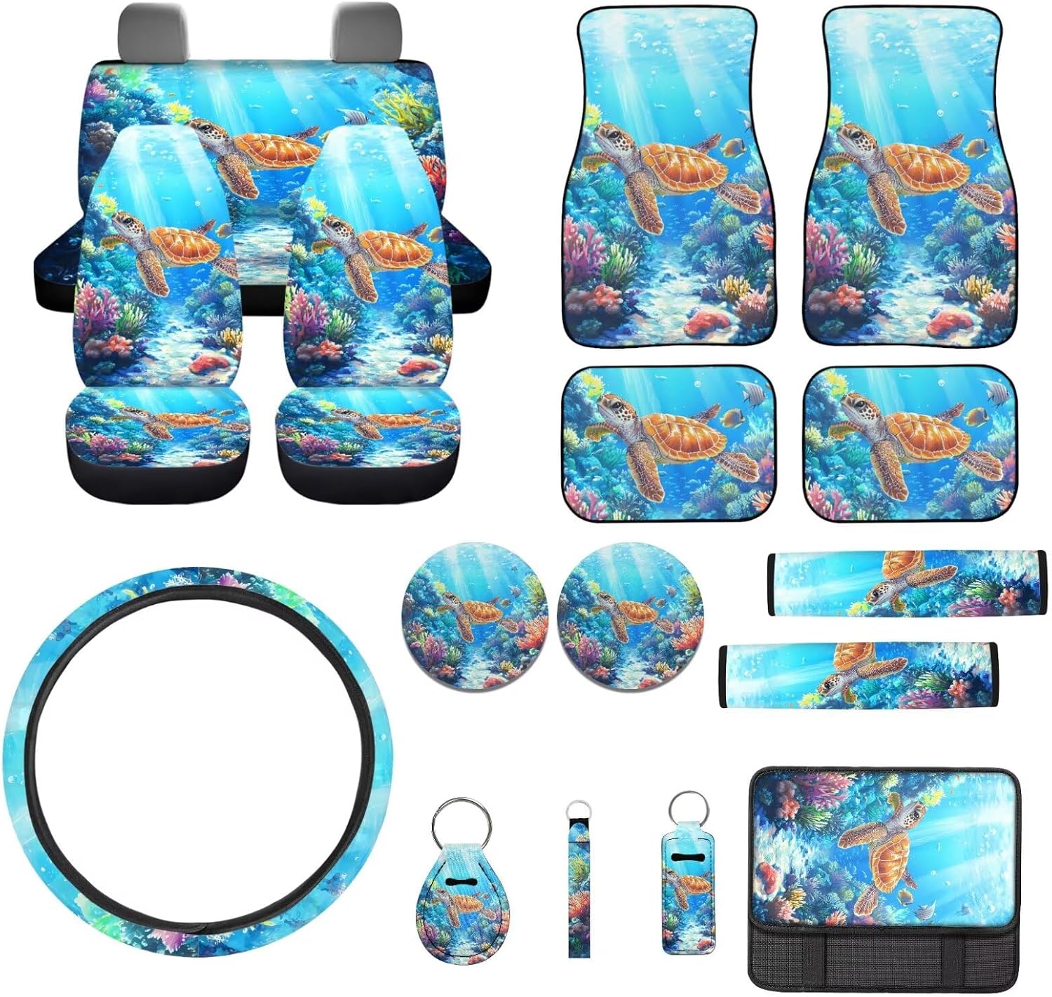 Sea Turtle Print Car Seat Cover Full Set with Coral Car Floor Mats,Seat Belt Strap Pads Armrest Pad Steering Wheel Cover, Auto Interior Accessories Universal Fit Most Vehicles, Blue