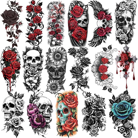 77 Sheets Gothic Temporary Tattoo, 17 Sheets Half Arm Flower Skull Rose Sunflower Fake Arm Leg Chest Tattoos for Adults Men Women, 60 Sheets Tiny Tattoos Stickers for Boys Girls Kids Party Favors