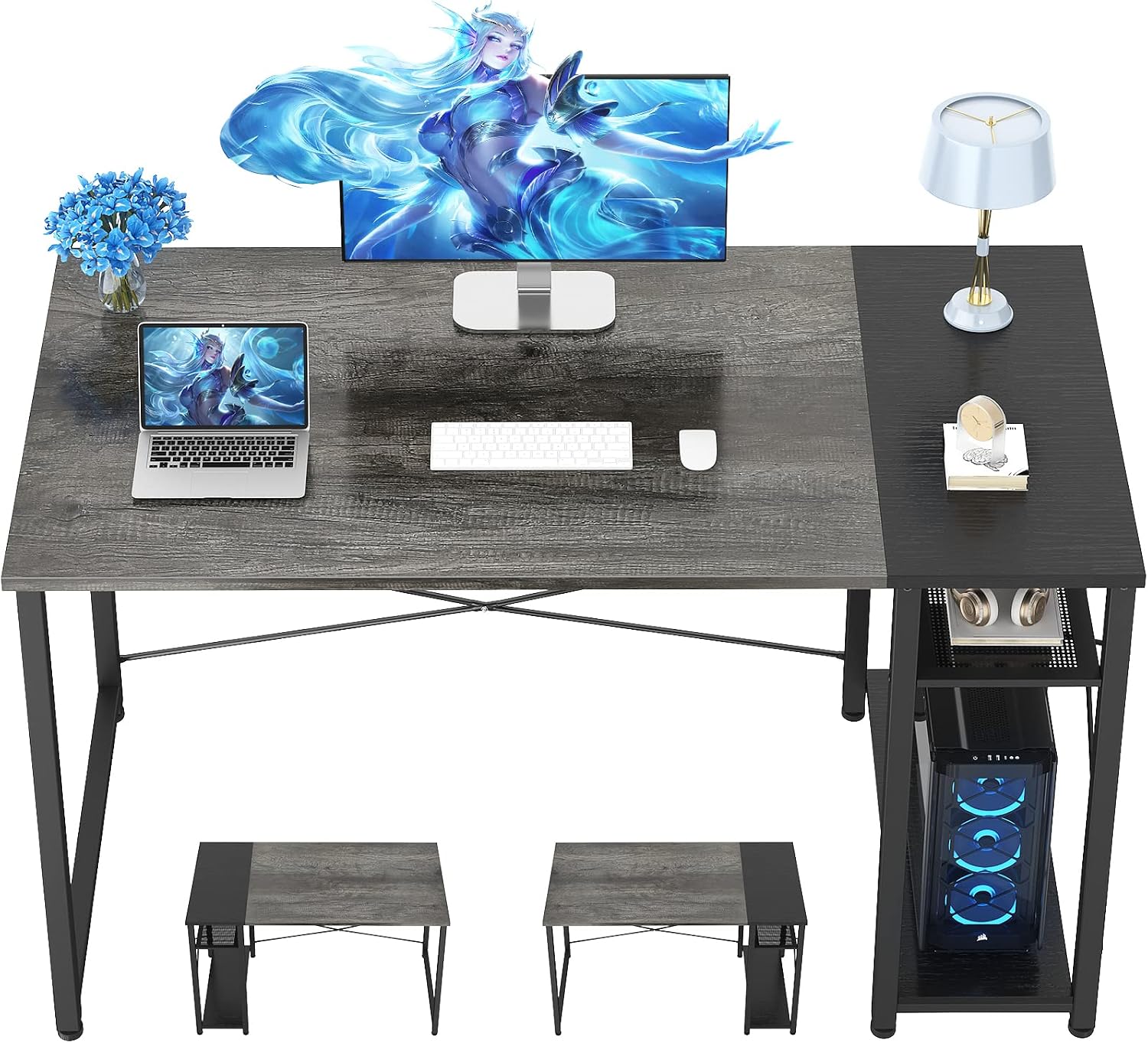 Ecoprsio Computer Desk, 39 Inch Small Desk for Small Space, Modern Study Writing Desk with Storage Shelves, Reversible Laptop Table for Home Office, Gaming Room, Bedroom, Workstation, Grey and Black