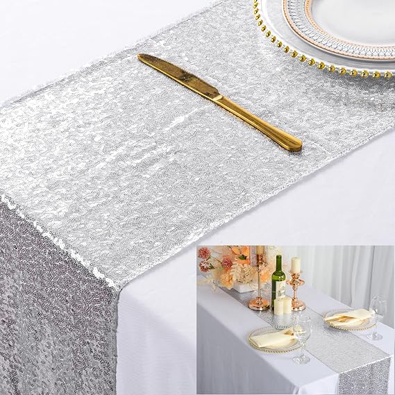 ShinyBeauty Sequin Table Runner 12x108-Inch-Silver-1Pack Table Runners 12inx108in Silver Pack of 1 Elegant Wedding Party Decor (1, Silver)