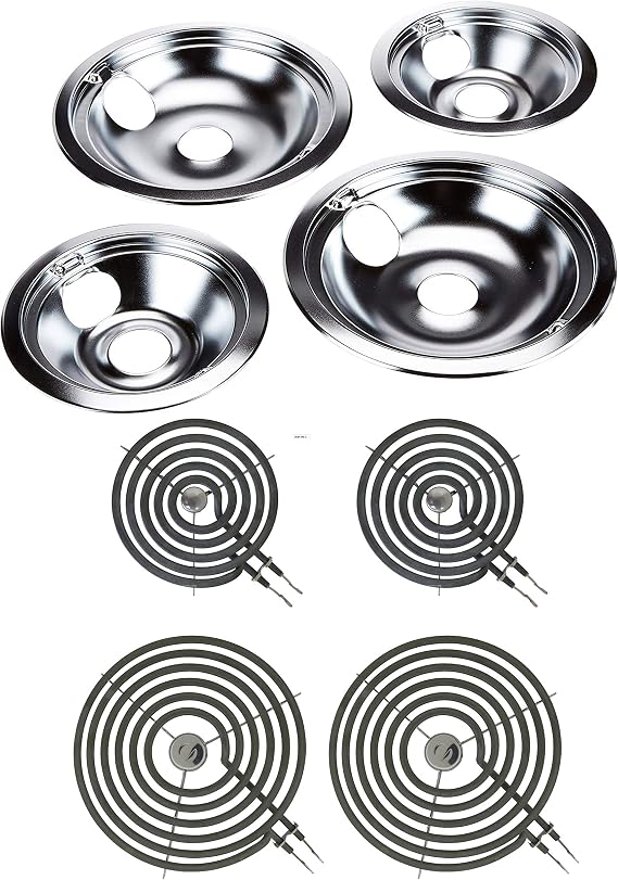 Kitchen Basics 101 Bundle GE68C Chrome Drip Pan Bowls and WB30M1 WB30M2 Burner Surface Elements Replacement for GE