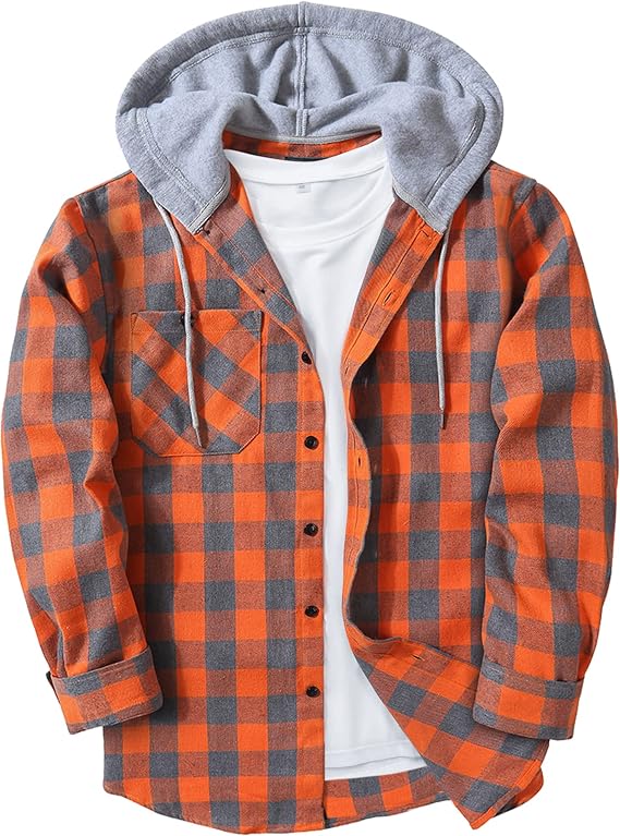 Men's Hooded Flannel Long Sleeve Shirt Casual Flannel Shacket with Pocket Thin Flannel Shirt for Men