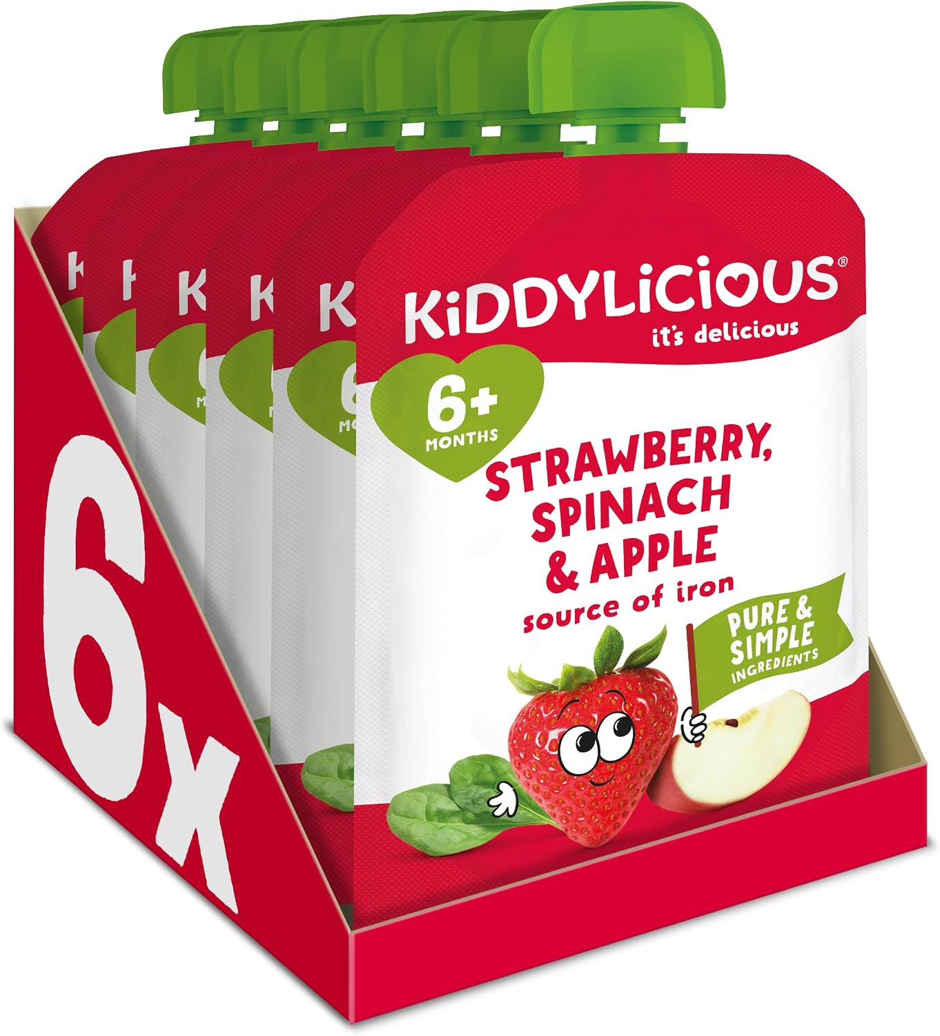 Kiddylicious Apple, Strawberry & Spinach Pouches - Delicious Pouches for Babies - Suitable for 6 Months - 100g x 6 Packs