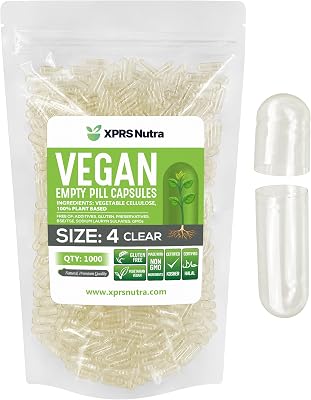 XPRS Nutra Size 4 Empty Capsules - 1000 Count Small Clear Empty Vegan Capsules- Vegetarian Pills - DIY Vegetable Capsule Filling - Fillable Do-It-Yourself Veggie Caps for Supplements