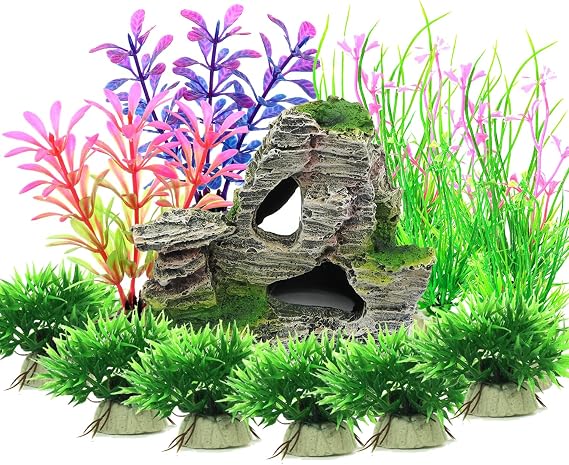 13-Piece Aquarium Plants with Rock Cave Ornament for Fish Tank Decor