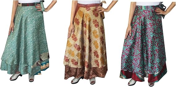 Maple Clothing Women's Indian Vintage Silk Sari Magic Wrap Around Skirts Long Boho Two Layers Multicolored Wholesale 3 Pcs Lot