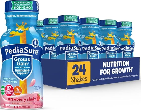 PediaSure Grow & Gain Kids Nutrition Shake, 7g Protein, Strawberry, 24 Pack | GreatTasting Nutritional Shake with Immune Support for Kids, 27 Vitamins & Minerals, is Non-GMO & Gluten-Free, 8 floz bottles