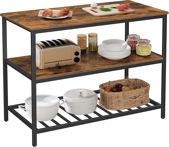 VASAGLE Kitchen Island with 3 Shelves, 47.2 Inches Width Kitchen Shelf with Large Worktop, Stable Steel Structure, Industrial, Easy to Assemble, Rustic Brown and Black UKKI01BX