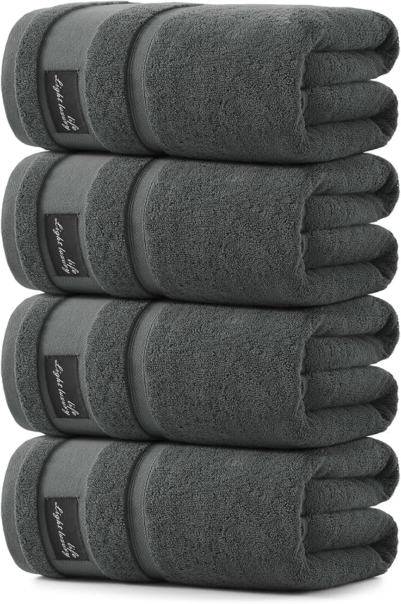 REDKISS 4 Pack Large Bath Towels Set, 100% Cotton, 31x63 in, Heavyweight 760G, Highly Absorbent & Quick Dry, Super Soft Luxury Towels for Bathroom,Hotel Collection - Dark Gray