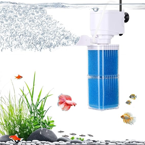 4-in-1 Fish Tank Filter Pump - Multi Stage Filtration, Whisper-Quiet Internal Aquarium Filter with Adjustable Flow Rate, Oxygenation &