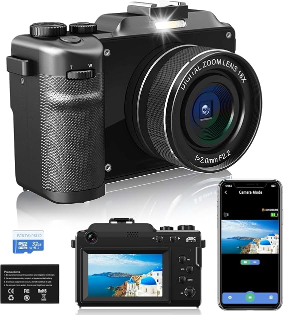 4K 48MP Digital Camera for Photography: 18X Zoom Dual-lens Travel Vlogging Camera with 32GB TF Card for Youtube Tiktok, 3''Autofocus Compact Camera for Teenagers Beginners Students