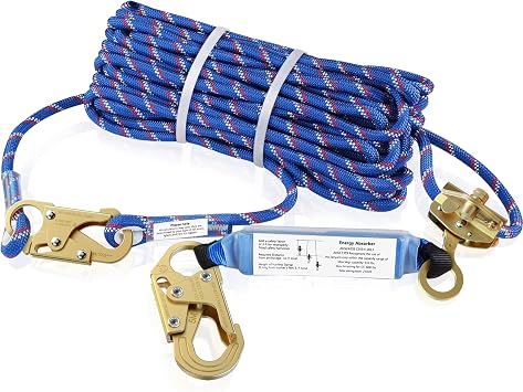 100FT Vertical Lifeline Assembly,Fall Protection Rope with Two Rope Grab Snap Hooks, Shock Absorber,Safety Climbing Equipment Roofing Safety Kit, CE ANSI