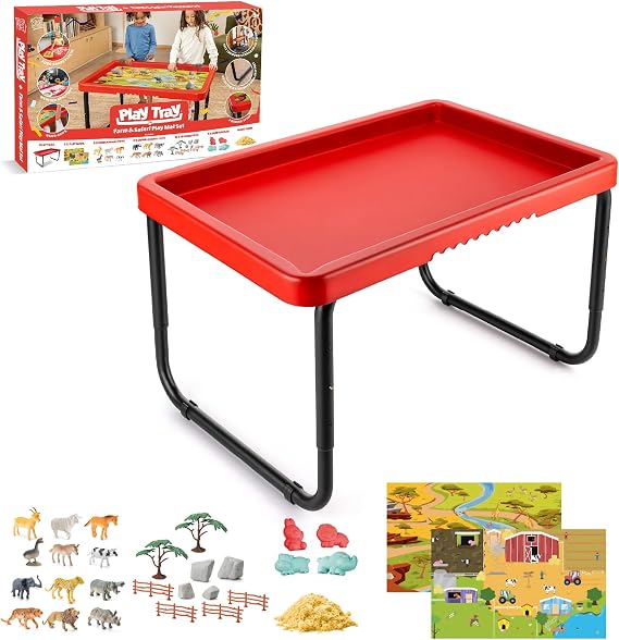 Toyrific Play Tray Activity Table with Play Mat Set, Kids Sensory Play Tray, Farm and Safari Theme Play Mat Set, Red | Kids Messy Play Table, Sand & Water Play, Outdoor and Indoor Table, Farm & Safari Theme Play Mat, Accessories