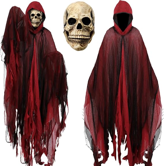 Halloween Grim Reaper Costume Black Hooded Cloak Medieval Vintage Cloak for Adult Cosplay Props with Skull Mask
