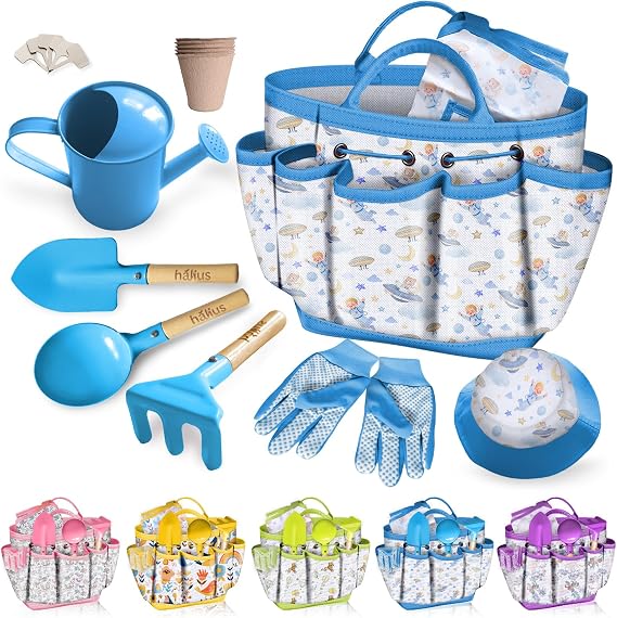 Kids Gardening Tool Set 18PCS Outdoor Toys Tote Bag Watering Can Apron Blue | Kid-Safe Ergonomic Metal Tools, Fun STEM Educational Play, Spacious Tote Bag Organizer, Ideal Outdoor Gift for Ages 3+