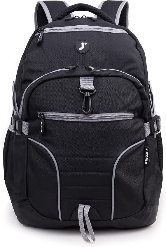 J World New York Atom Laptop Backpack Ergonomic Backpack for School with Air Mesh Padded Shoulder Straps 600D Polyester Work Backpack for Men and Women Stylish Design (BLACK)