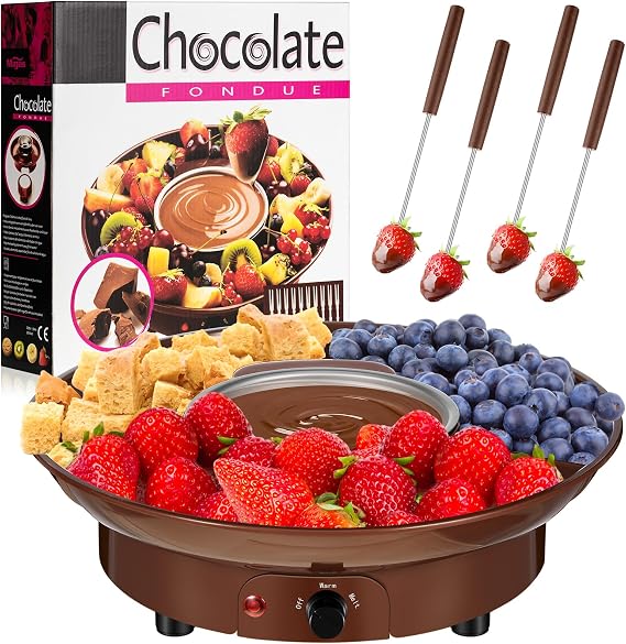 Lallisa Electric Fondue Pot Set, Chocolate Fondue Kit, Detachable Serving Trays with 4 Roasting Forks, Valentine's Day Gift Set for Date Night House Warming Melting Parties(Brown)