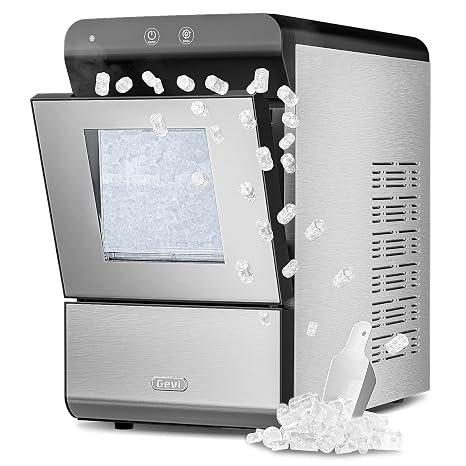 Gevi V2.0 Countertop Gemi Nugget Ice Maker with Viewing Window | Self-Cleaning Pebble Ice Machine | Open and Pour Water Refill | Stainless Steel Housing | 16.7''H Fits Under Wall