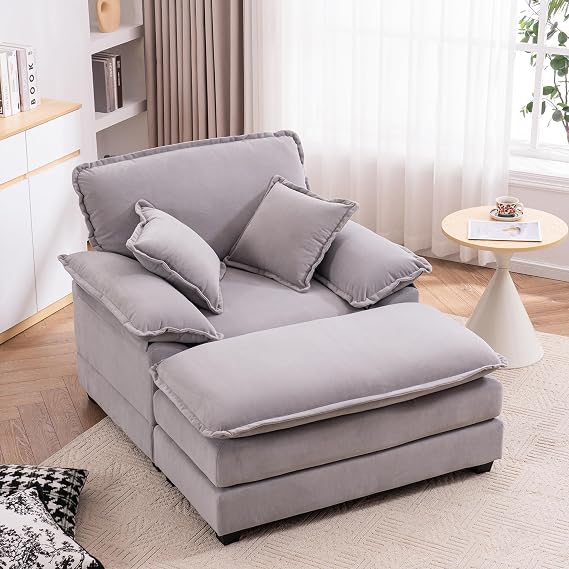 Oversized Chaise Lounge Chair with Ottoman,56.3" Indoor Velvet Deep Seat Reading Chairs,Comfort Accent Leisure Chair Set for Living Room, Bedroom, Apartment,Balcony (Velvet Light Gray)