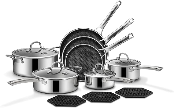 SNOWCLAD Pots and Pans Set Non Stick | Stainless Steel Kitchen Cookware | 14 Pcs | PFOA Free | Hybrid | Induction Compatible | Frying Skillet, Saucepans, Saute Pan & Stock Pot