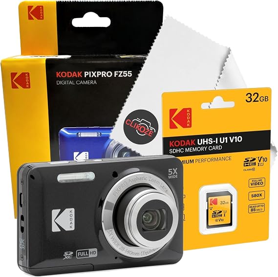 Digital Camera Set Bundle with Kodak Pixpro FZ55 Compact Digital Camera, 32gb SD Card, and Clikoze Cleaning Cloth (Black)