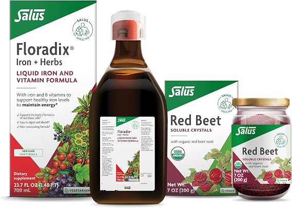 Floradix Iron & Herbs (23.7 oz) & Salus Red Beet Crystals (7 oz) - Iron Supplement for Healthy Energy Support* & Organic Nutritional Beet Root Drink Mix