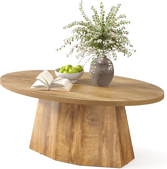 Oval Coffee Table, 47-Inch Living Room Table with Polygonal Pedestal, Modern Center Accent Furniture, Child-Friendly, Easy Assembly, Yellowish Brown