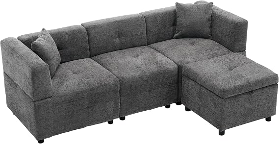 Fabric Sectional Sofa with Ottoman, L-shaped Sofa Couch Reversible 3-Seater Chaise Lounge Living Room Home Office Furniture (Grey)