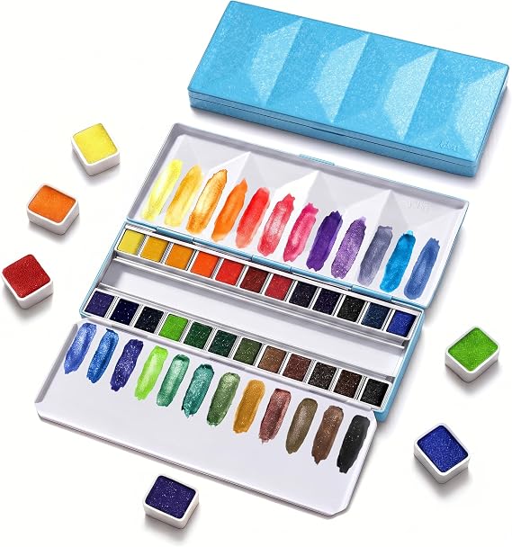 rubens Travel Watercolor Paint Set, 24 Colors Half-Pans Solid Watercolor, Soft Glittering, Portable Watercolor in Blue Metal Box with Built-in Palette, Watercolors Paint Adult Set for Beginner, Artist