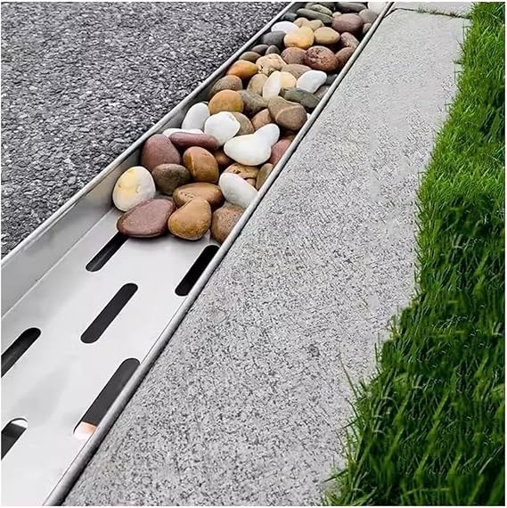 French Drain Kit for Yard, 6.7 Inches Wide Channel Drain Pipe Outdoor Trench Drainage System with Metal Grate/Plate, Driveways Concrete Shower Diverter Rain Gutter (100x22x15cm)