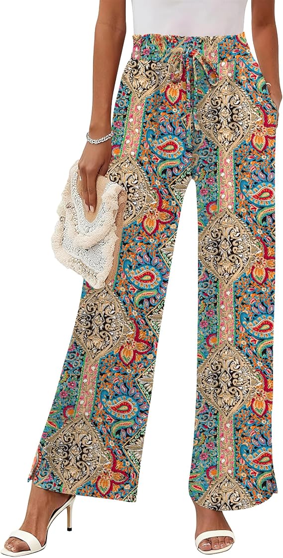 Rapbin Wide Leg Pants Woman Palazzo Pants High Waisted Drawstring Spring Summer Casual Flowy Trousers with Pockets
