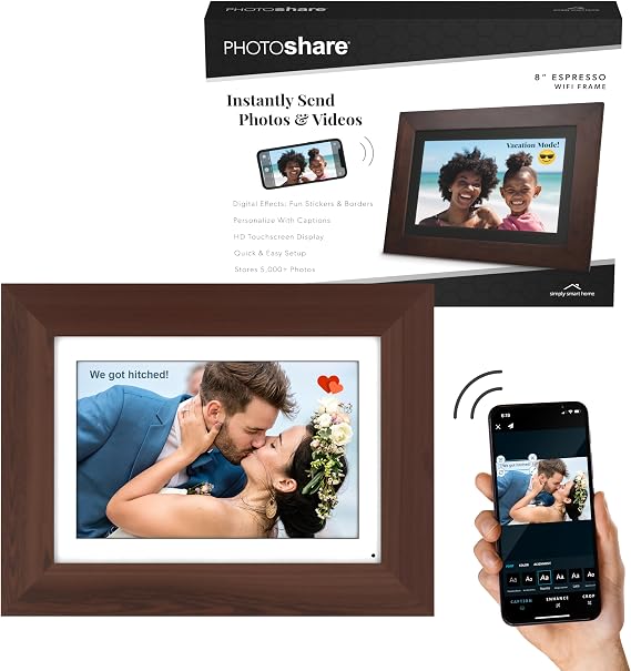 Simply Smart Home 8 WiFi Digital Photo Frame | Send Photo or Video from Phone to Digital Picture Frame with Free PhotoShare Frame v2 app | End-to-End Encryption | Quick Easy Setup | Espresso Wood