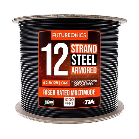 Armored 12 Strand Indoor/Outdoor Fiber Optic Distribution Cable, OM1 62.5/125 Multimode, Corning Optical Fiber, Riser Rated, Black, Spool, 500 Feet