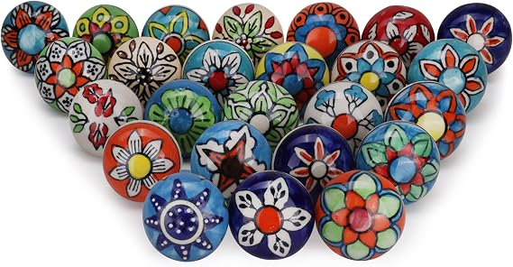 Multicolor Ceramic Cabinet Knobs (Pack of 25), Assorted Hand-Painted Dresser Drawer Pulls, Vintage Boho Handles for Wardrobes & Cupboards