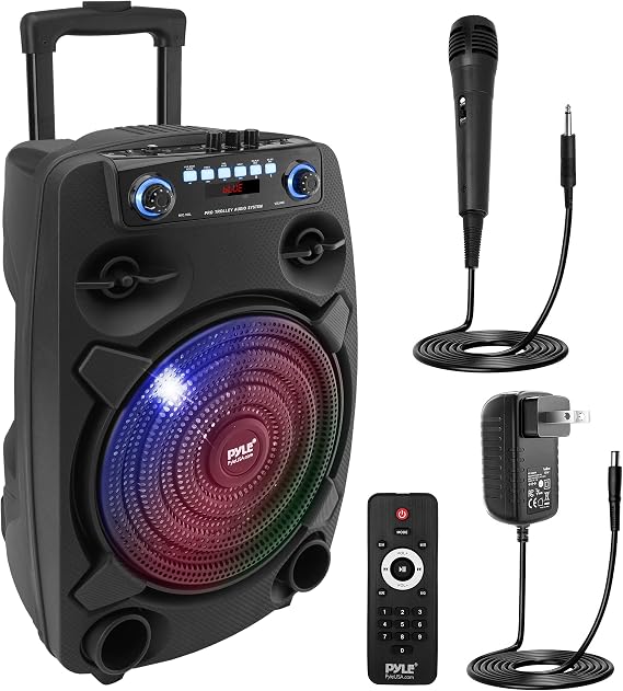 Pyle Portable Bluetooth PA Speaker System - 800W 12 Outdoor Bluetooth Speaker Portable PA System - Party Lights, USB SD Card Reader, FM Radio, Rolling Wheels - Wired microphone, Remote - PPHP127B