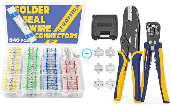 haisstronica 340PCS Solder Seal Wire Connectors+6 in 1 Crimping Tool Kit and Wire Stripper Ratcheting Wire Crimper with 6 PCS Interchangeable Dies for Heat Shrink