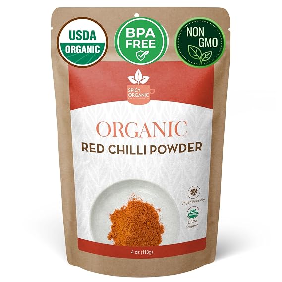 SPICY ORGANIC Red Chili Powder - USDA Certified Organic, Non-GMO - Perfect for adding a smoky, spicy flavor to soups, stews, chili, and more. No Added Preservatives and Color - 22 Servings Per Container, 4Oz (113 grams)