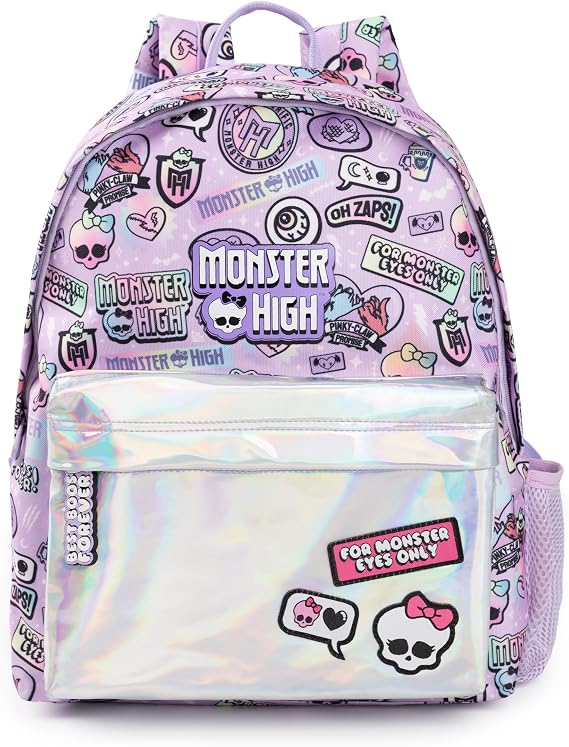 Monster High Girls Backpack | Pink & Silver Rucksack with Adjustable Straps | Reflective Pocket & Badge All Over Print Practical & Organised Luggage Sports School Bag | Doll TV Series Merchandise Gift
