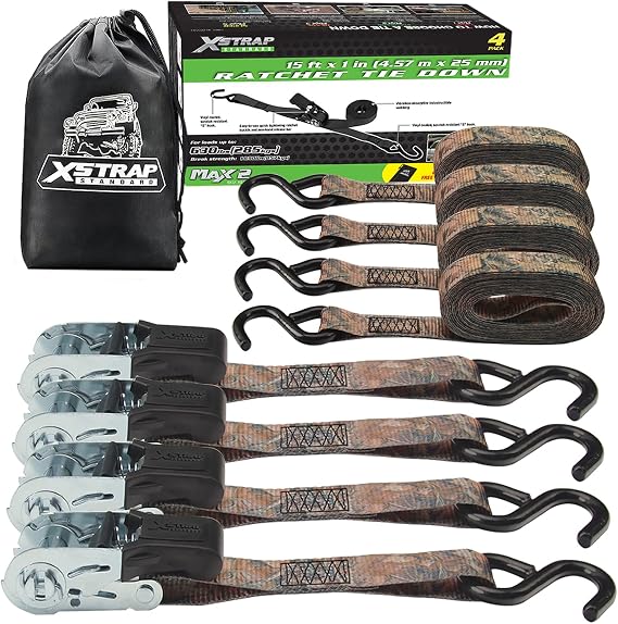 XSTRAP Ratchet Tie Down Straps - 4 Pk - 1'' x 15 Ft - 630 Lbs Load Cap 1890 Lbs Break Strength-Cargo Straps (Camouflage)