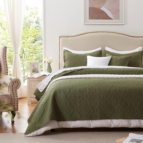 LEAONME Solid Green King Size Check Bedspread & Paisley Quilt Set