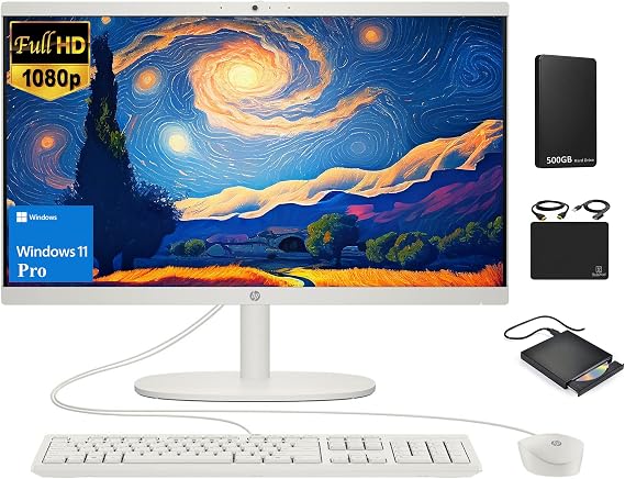 HP All-in-One Desktop Computer 2024, 21.5 FHD Display,32GB RAM, 1.5TB Storage 1TB SSD500GB External Drive, Intel Celeron Processor, Webcam, RJ-45, Keyboard & Mouse, Marxsol-DVD -RW, Win 11 Pro